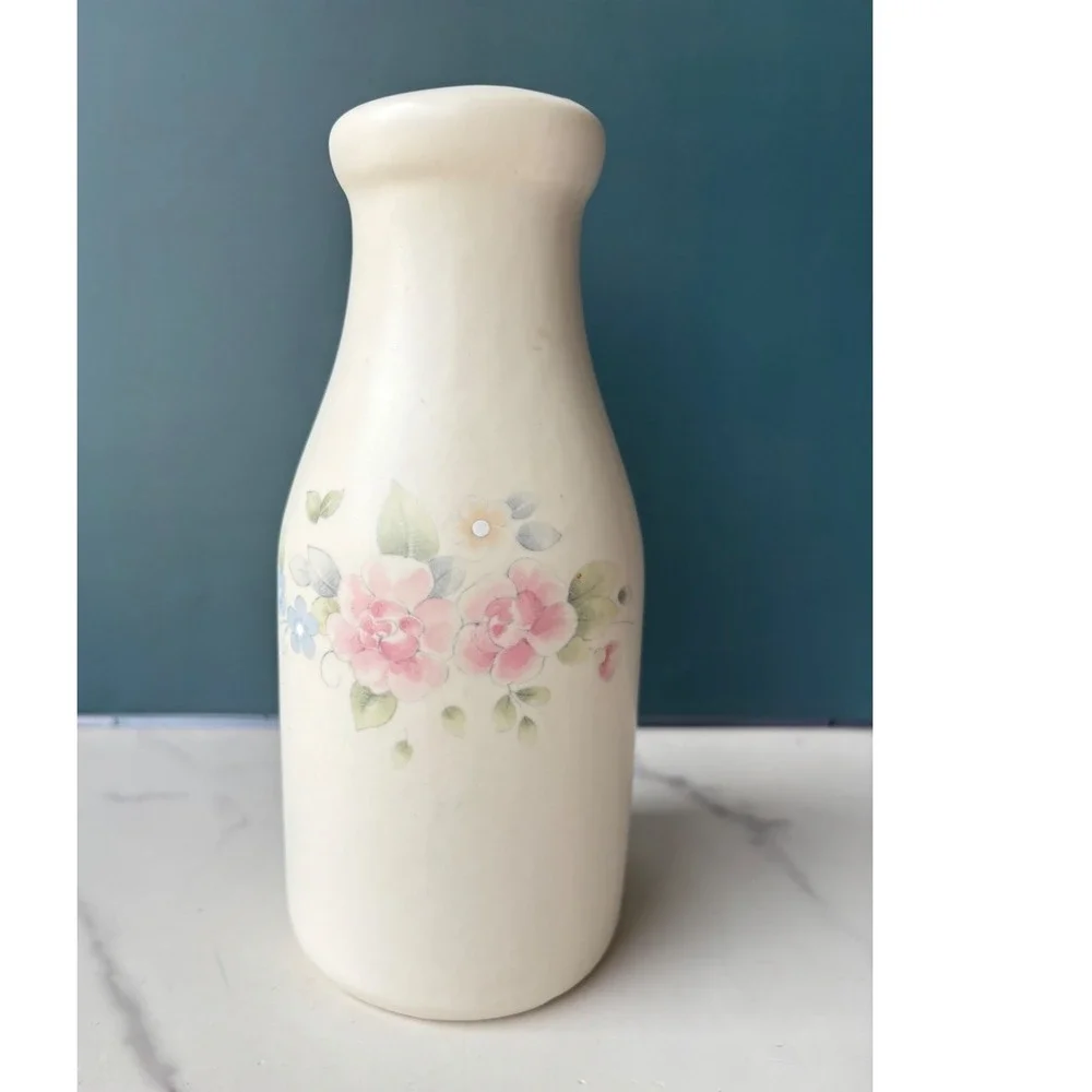Pfaltzgraff Tea Rose Milk Bottle Vase Vintage Stoneware Pink Floral Cream USA